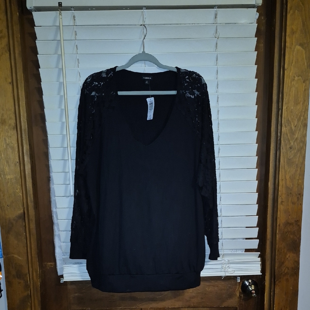 Torrid Black Long Sleeve Blouse With Lace Sleeves.  Size 2